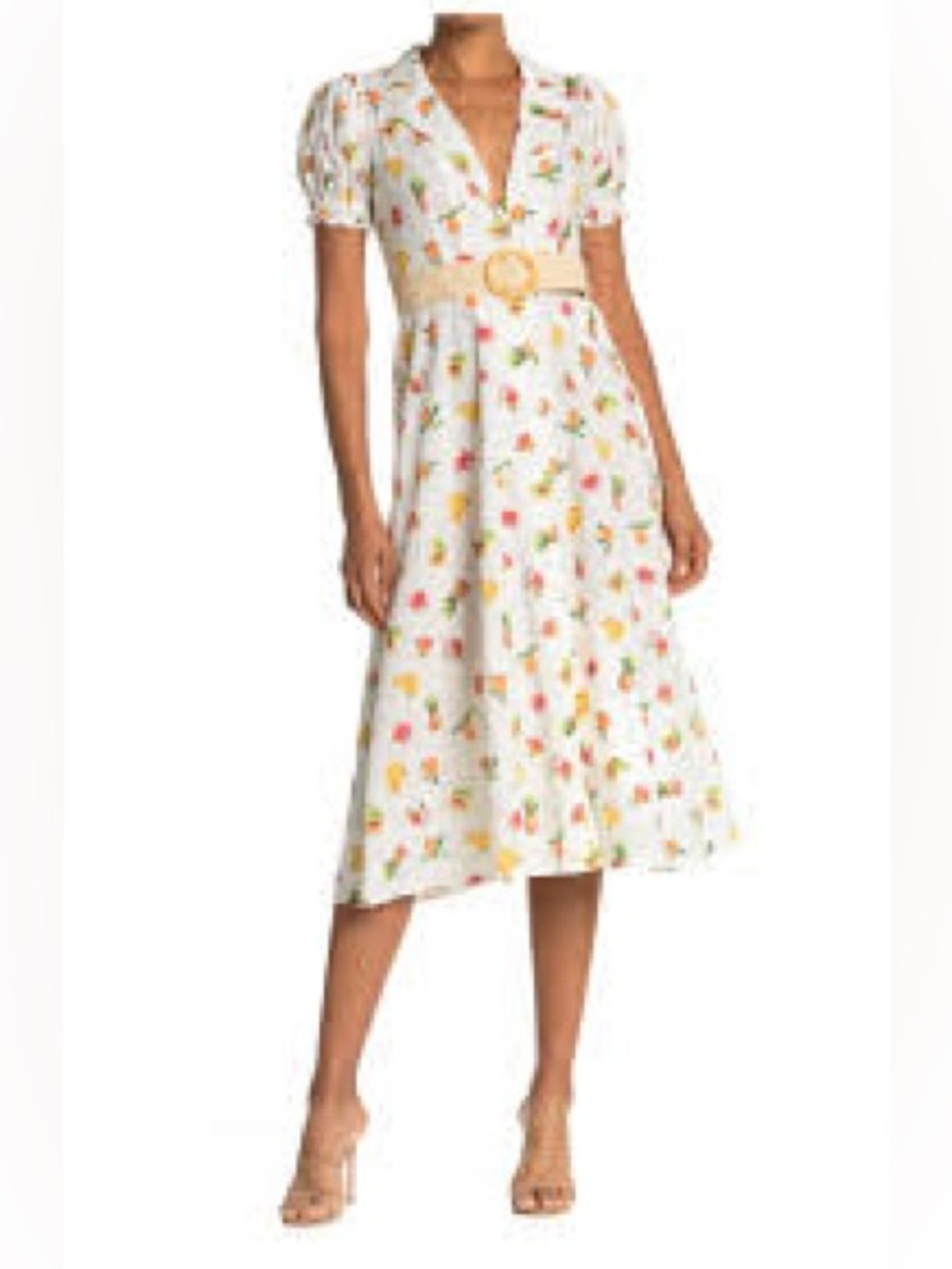 Weworewhat Bella A Line Dress White Midi Fruits Collar Puff Sleeve No Belt Small